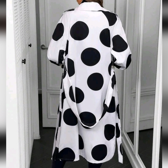 Women's Single-Breasted Geo Print Polka Dot Long Sleeve Open Front Trench Coat - Picture 2 of 5